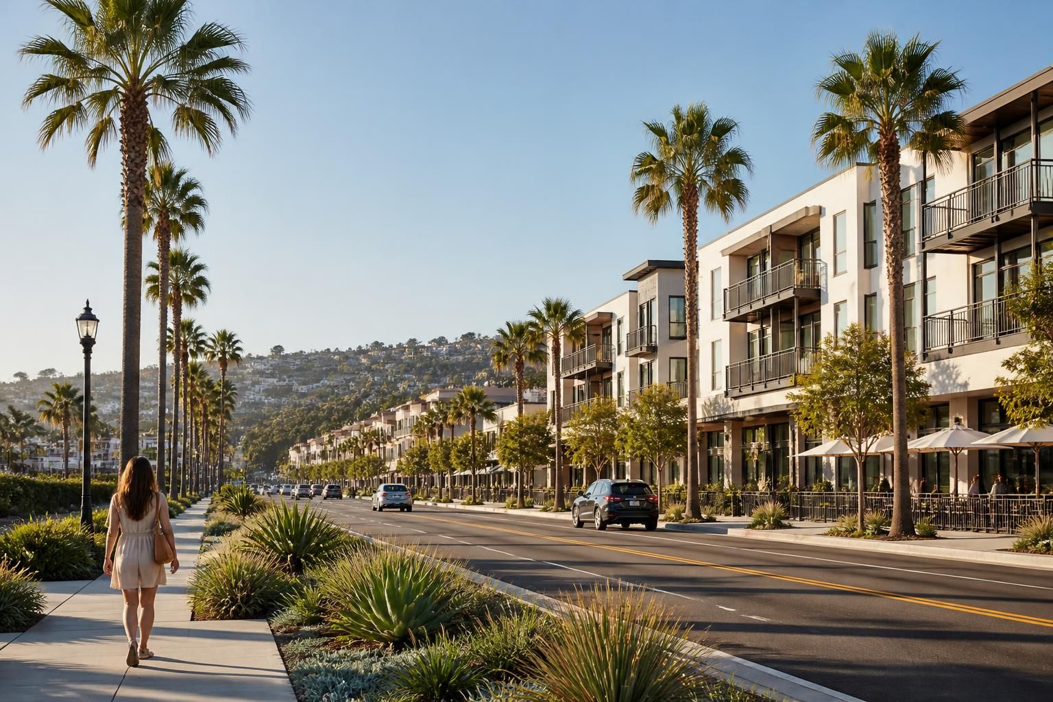 Southern California cityscape with palm trees and modern architecture.