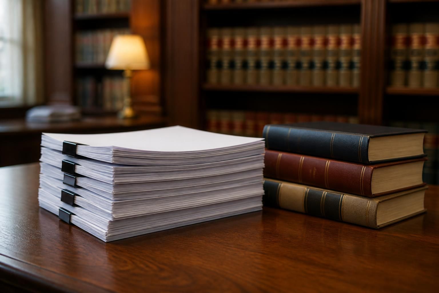 Stack of appellate briefs and books on a wooden table.