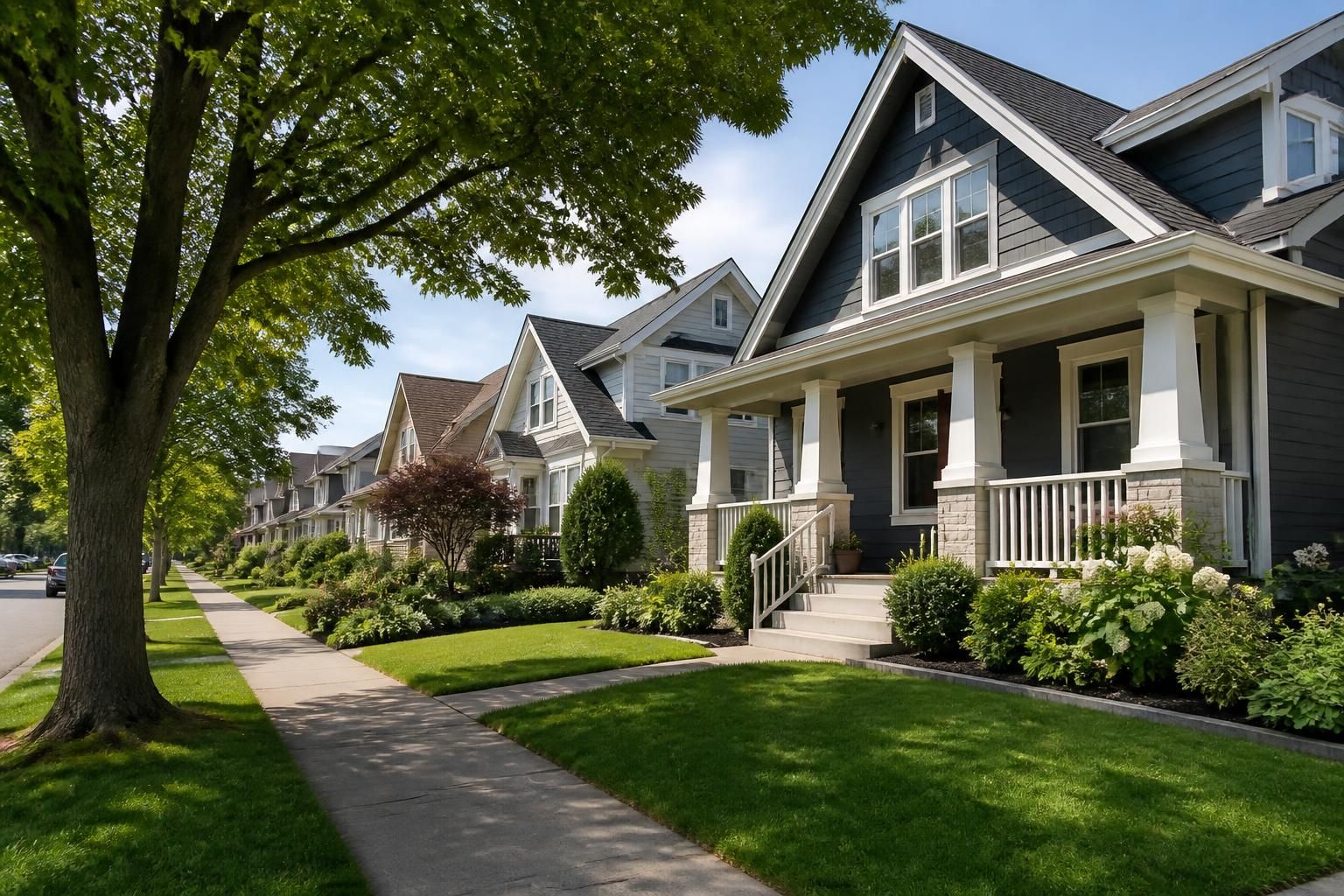 Residential street with tidy homes and green lawns.