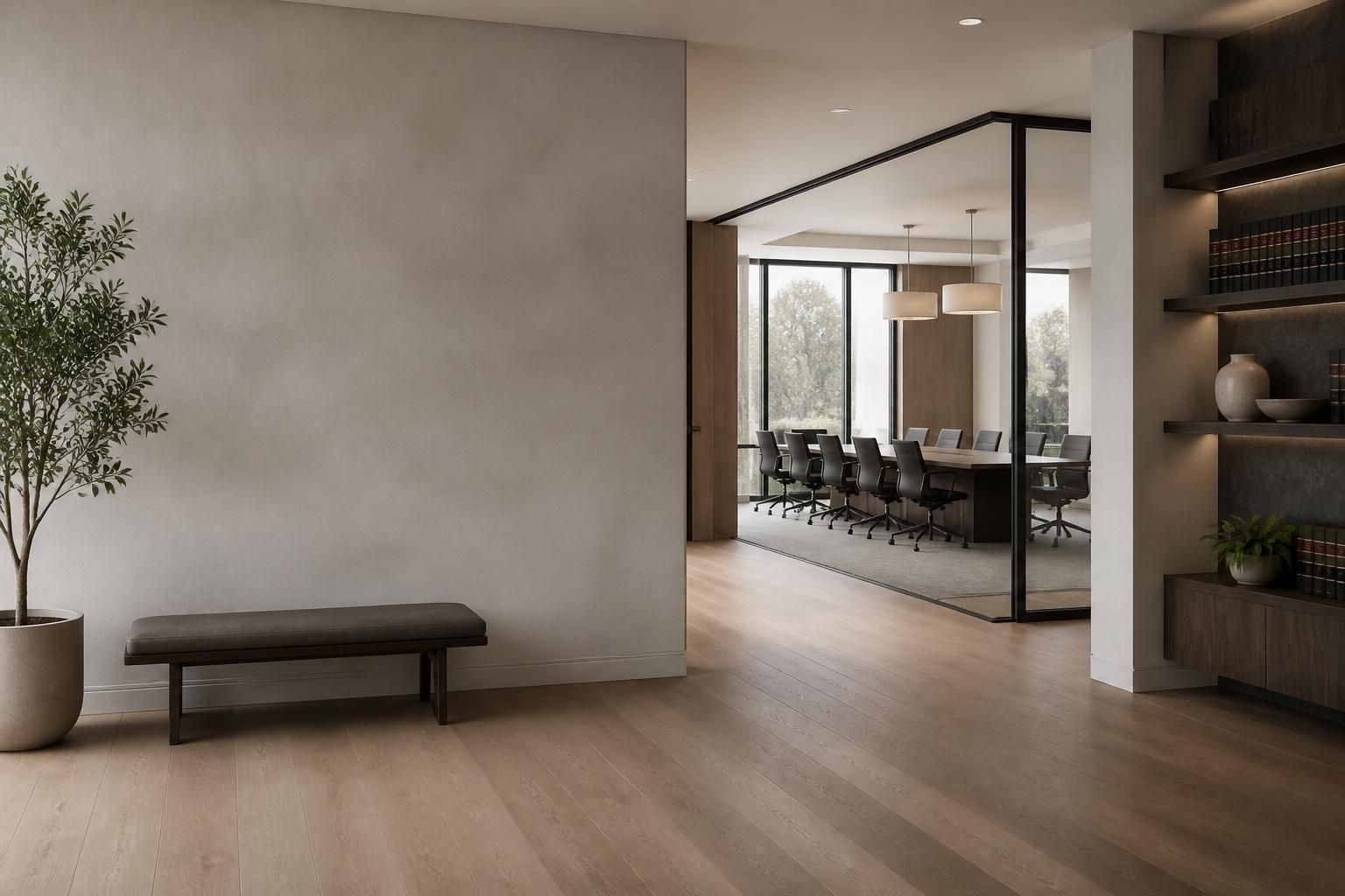 Spacious modern law office with open negative space and calm lighting.