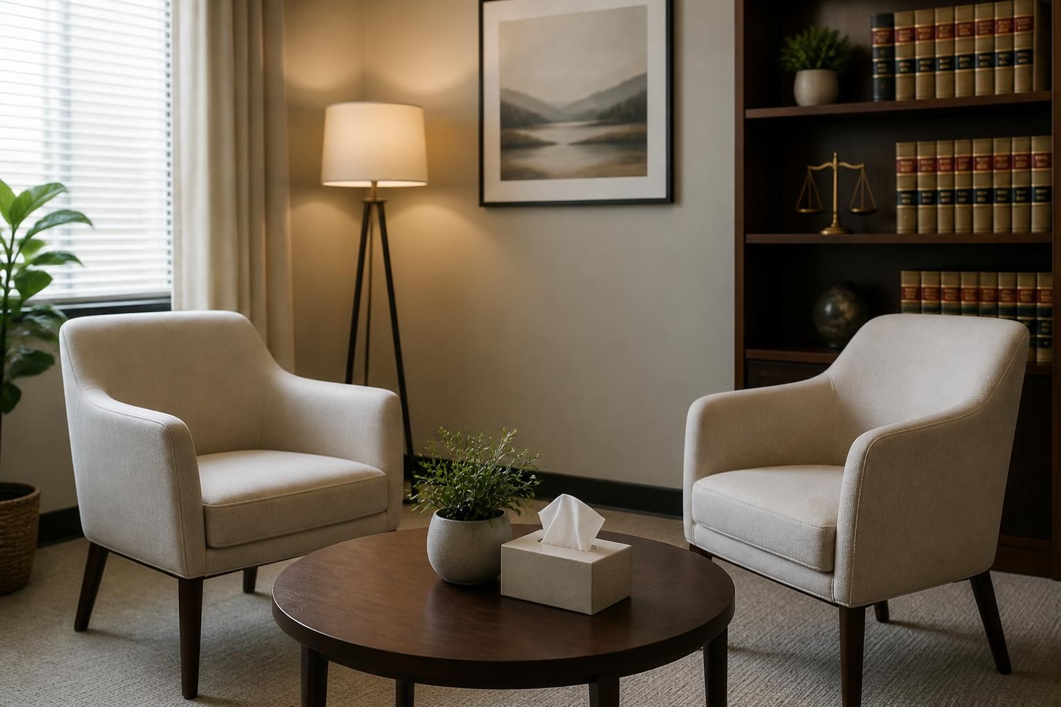 Calm family law consultation room with soft neutral lighting.