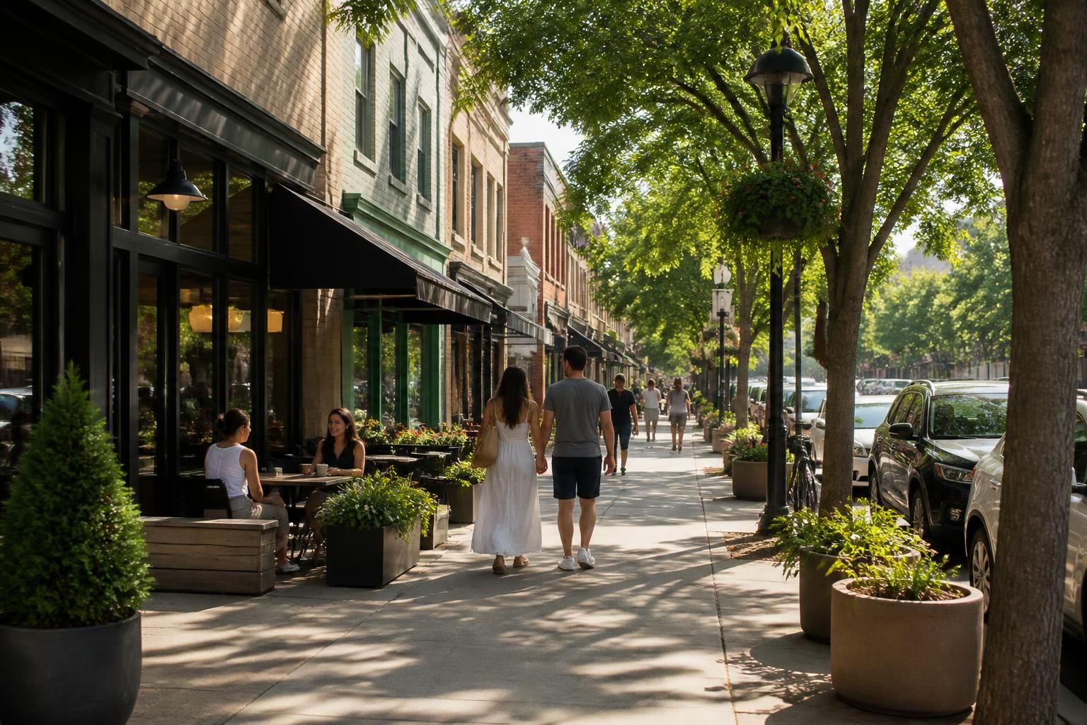 Neighborhood avenue with low-rise buildings and shaded sidewalks.