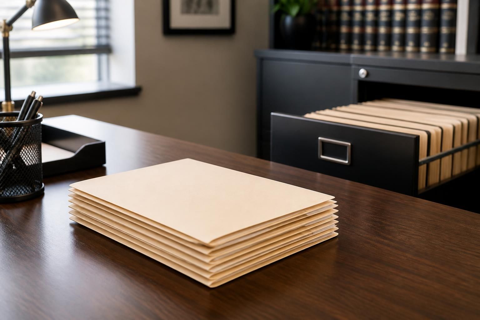 Organized legal folders beside a filing cabinet in a modern office.