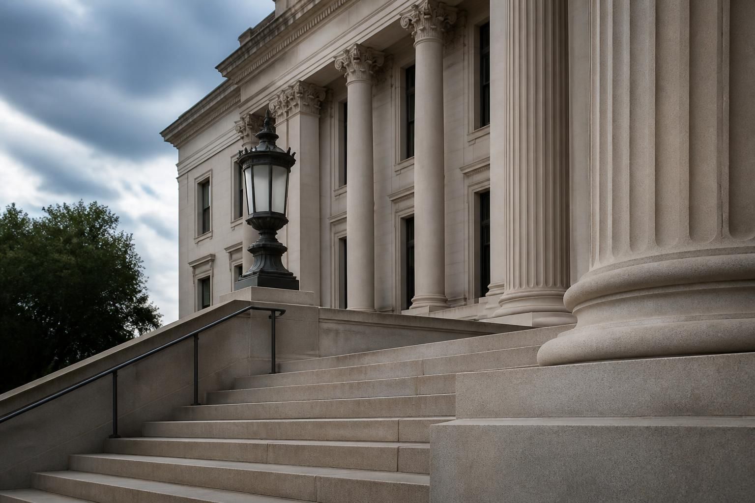 Formal courthouse exterior with clean stone architecture.
