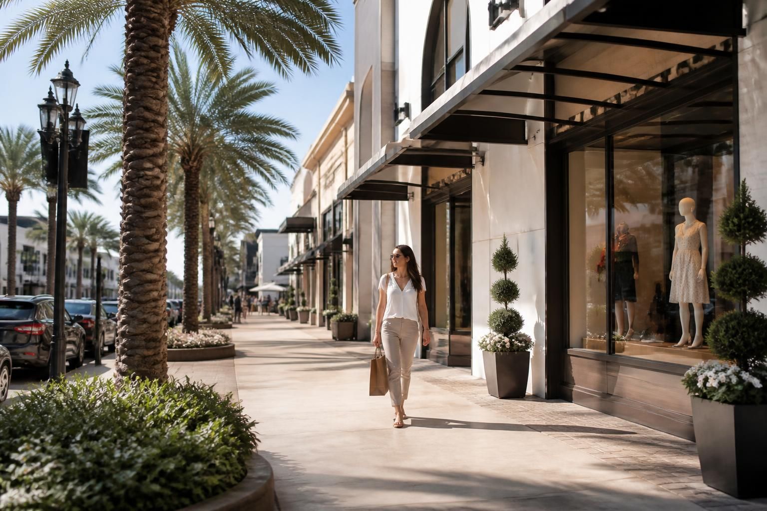 Urban commercial district with palm trees and modern storefronts.