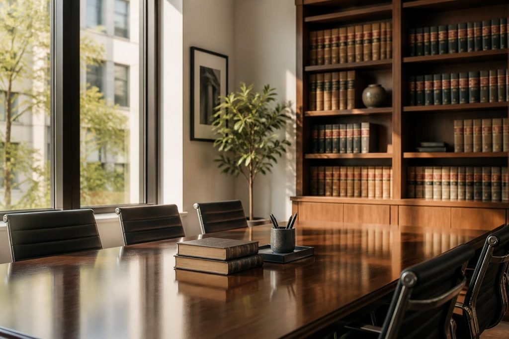 Modern law office conference room with warm natural light and bookshelves.