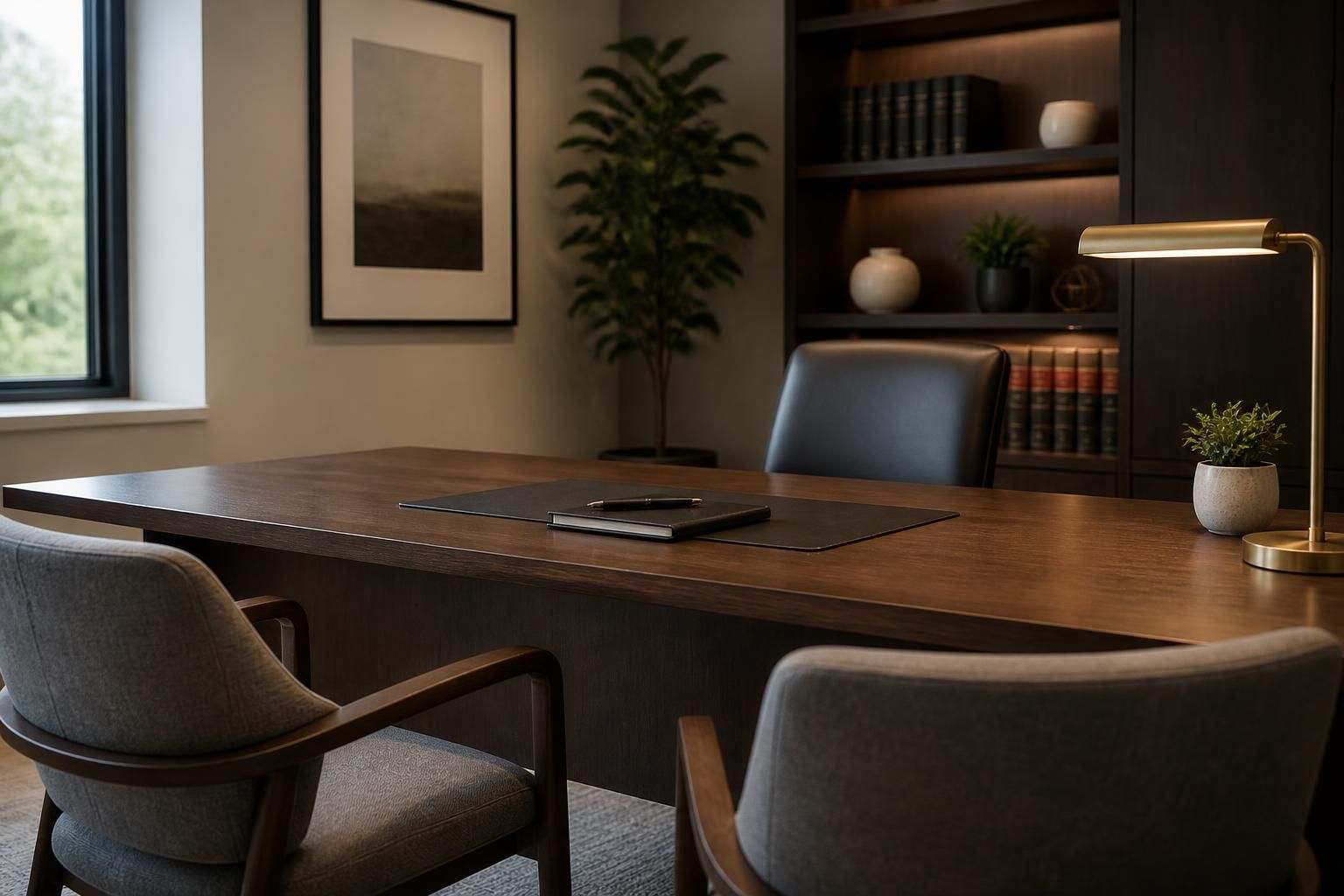 Clean legal consultation room with chairs and a simple table.