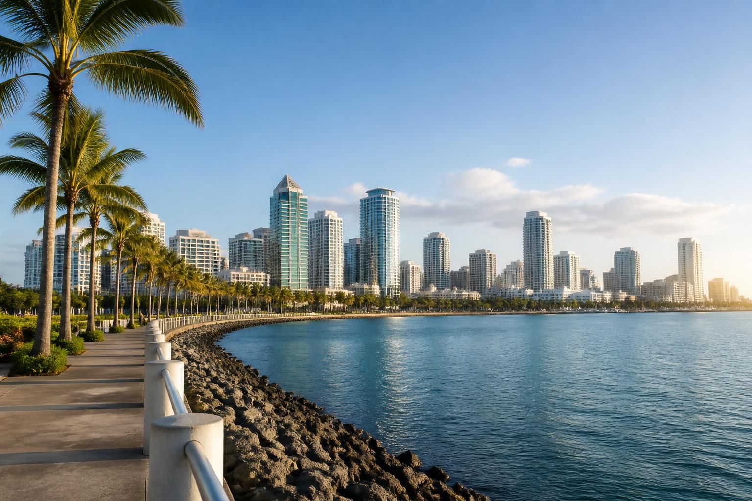 Coastal city scene with palm trees and a bright skyline.