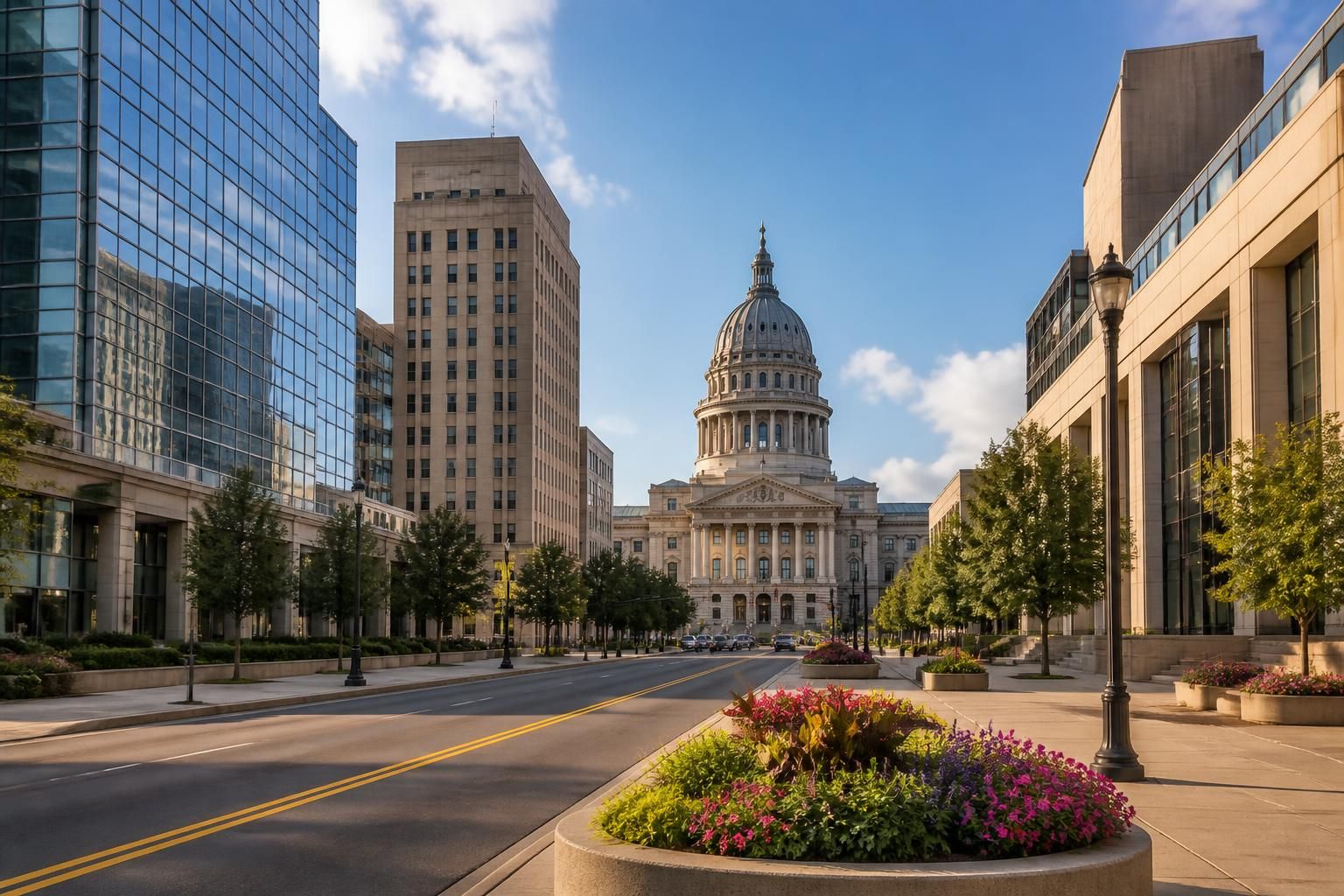 Downtown city scene with modern civic buildings and sunlit streets.