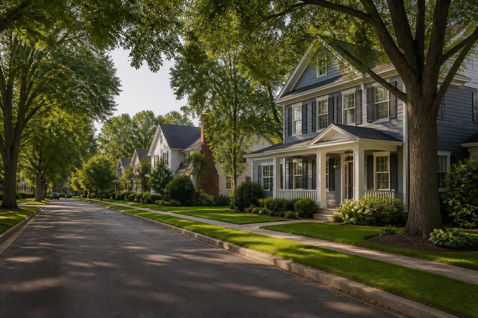 Suburban neighborhood street with well-kept homes and mature trees.