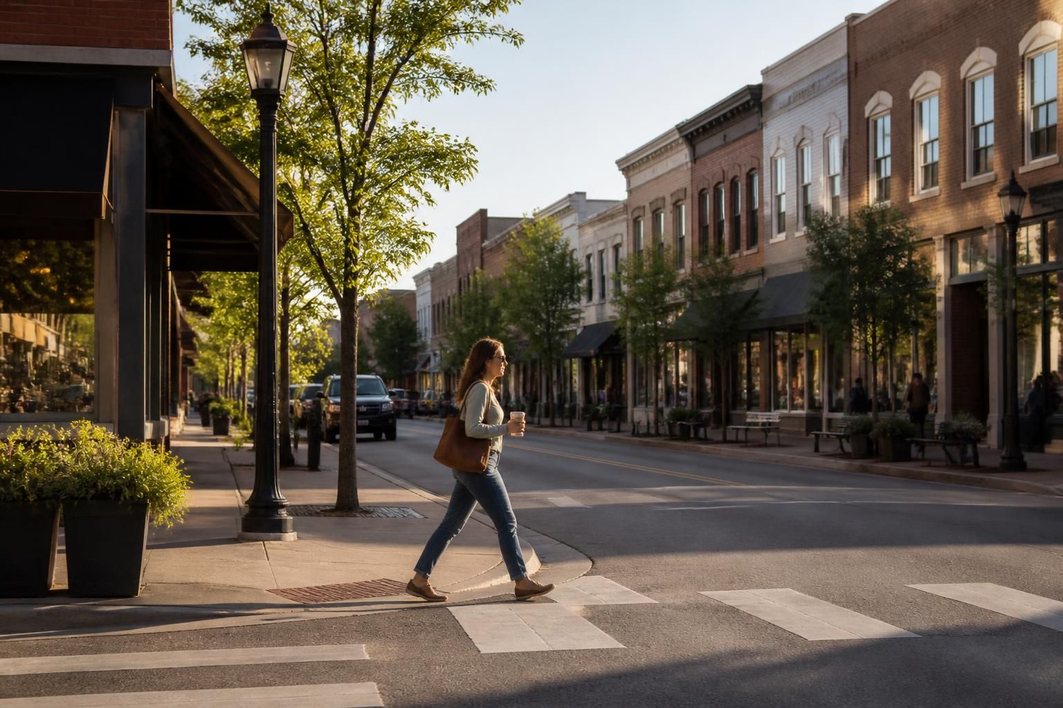 City street with small businesses and soft afternoon light.