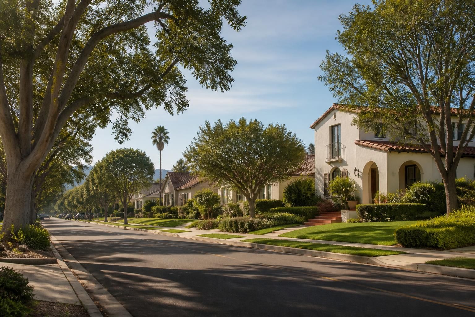 Relaxed residential neighborhood with mature trees and neat homes.