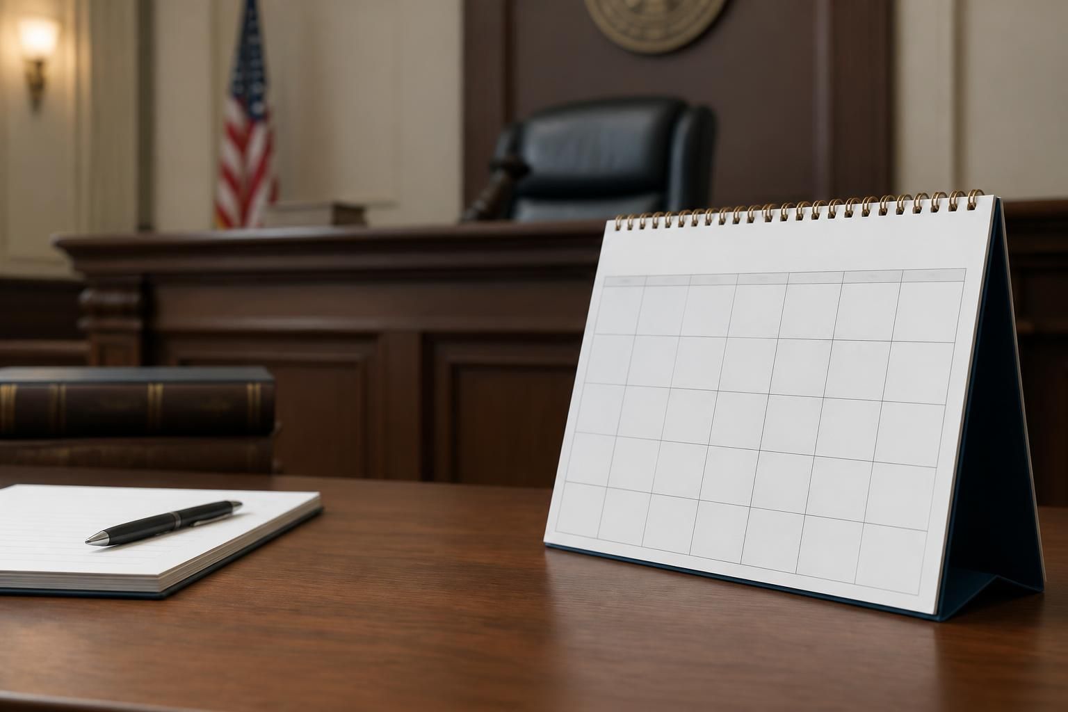 Courtroom bench with a legal calendar in a clean civic setting.