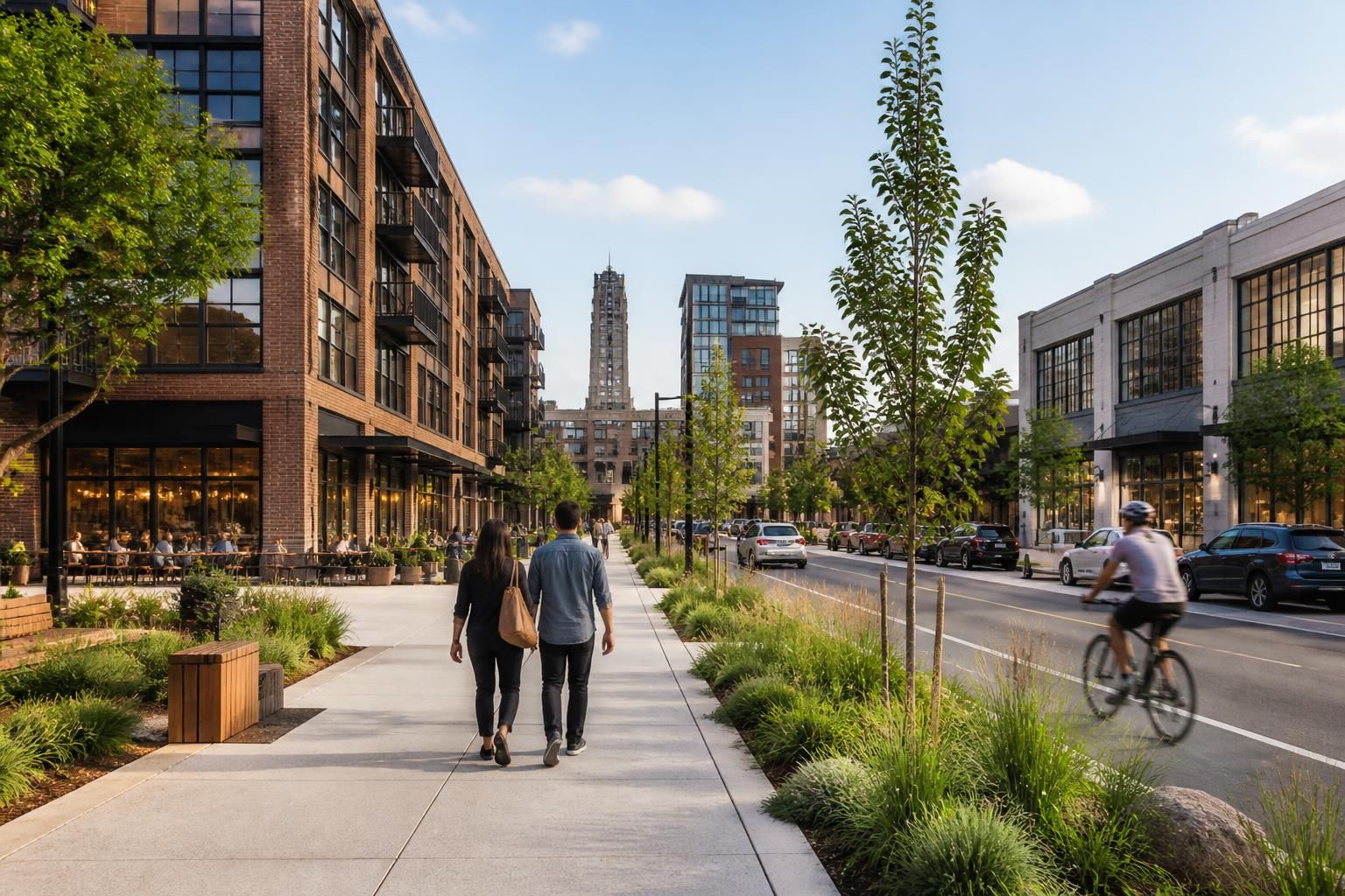Mixed-use district with modern buildings and wide streets.