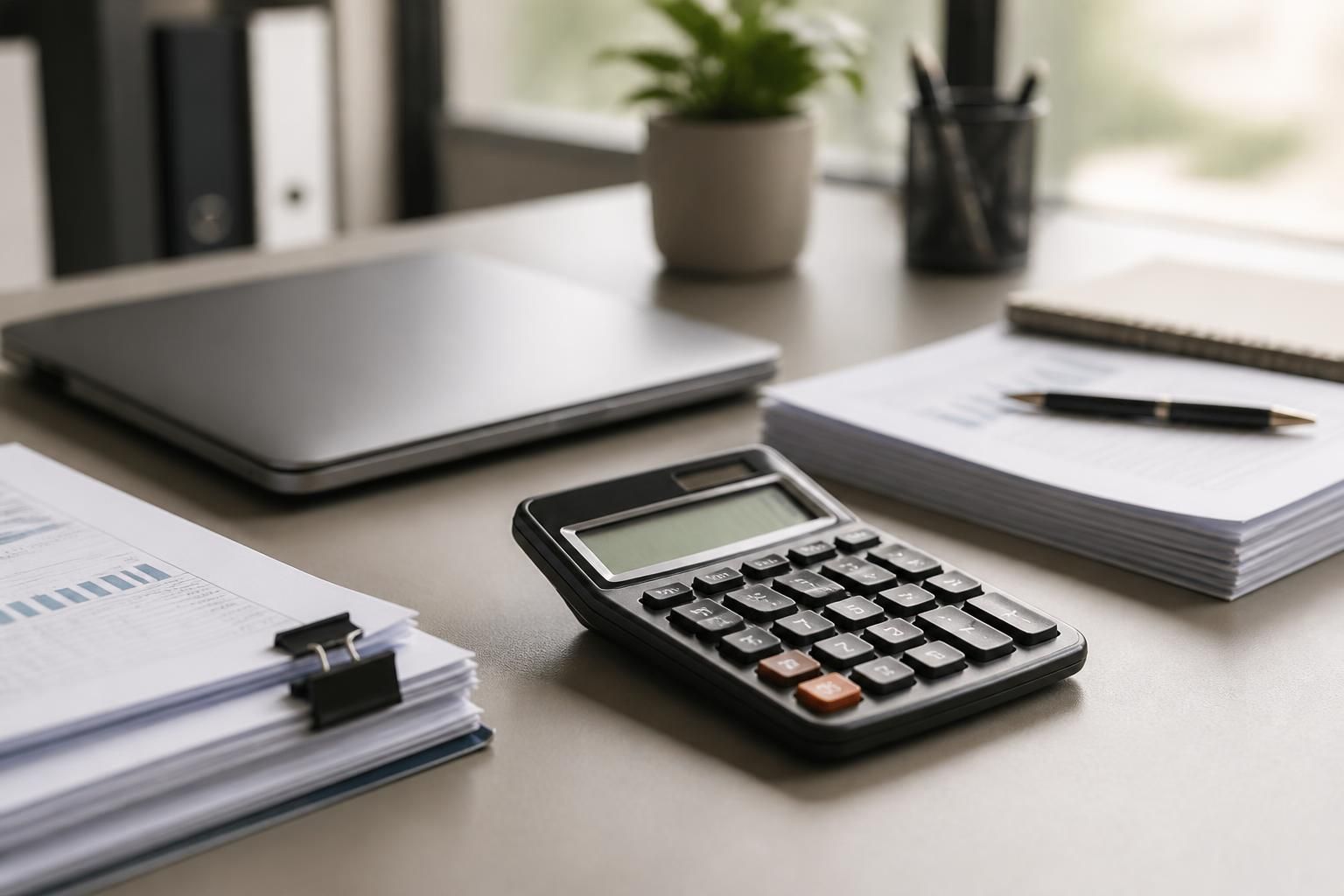 Modern office workspace with financial papers and a calculator.