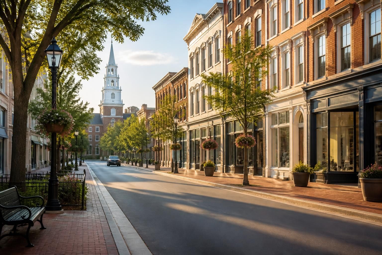 Historic downtown street with classic buildings and warm sunlight.