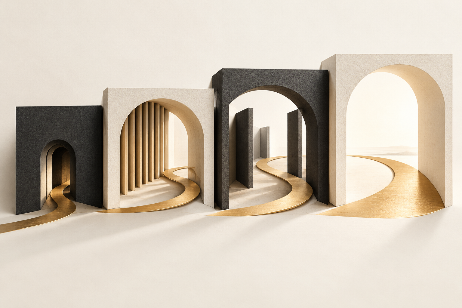 A gold path passes through ivory and charcoal frames, symbolizing guidance through stages of a criminal case.