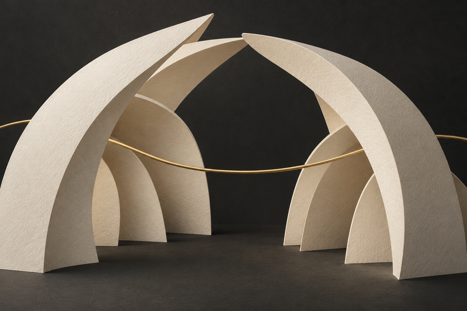 Ivory arches sheltering a continuous gold thread against a charcoal background.
