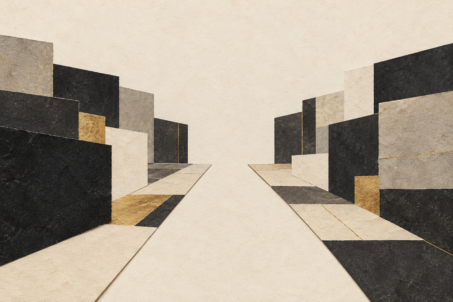 Abstract charcoal and ivory paths separated by an open space, with gold accents.