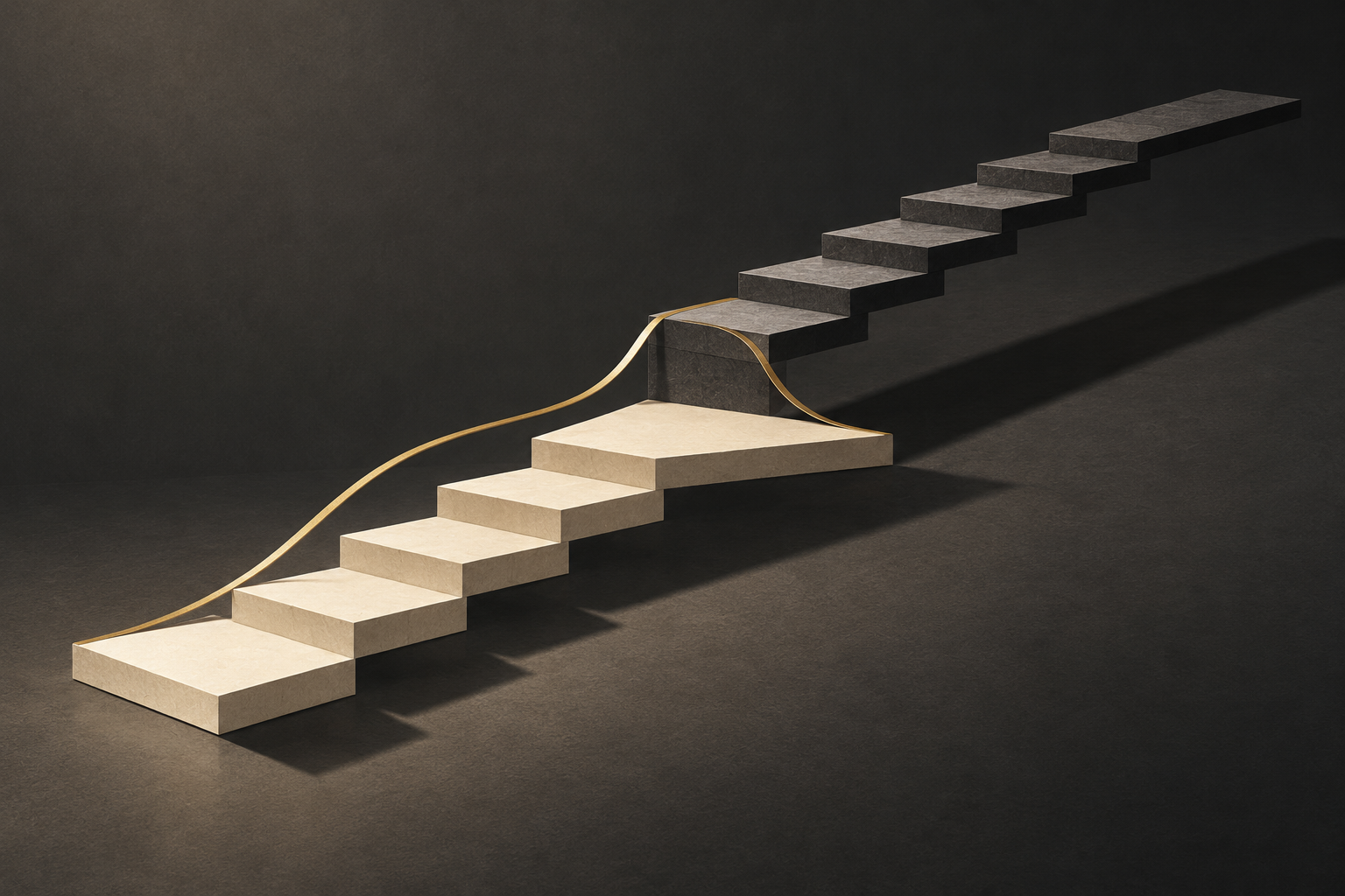 Ivory and charcoal stepped paths with a gold line symbolize sentencing increases and judicial review.